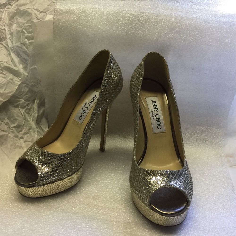 Jimmy Choo Open Toe Metallic Silver Pumps Heels Platf… Gem